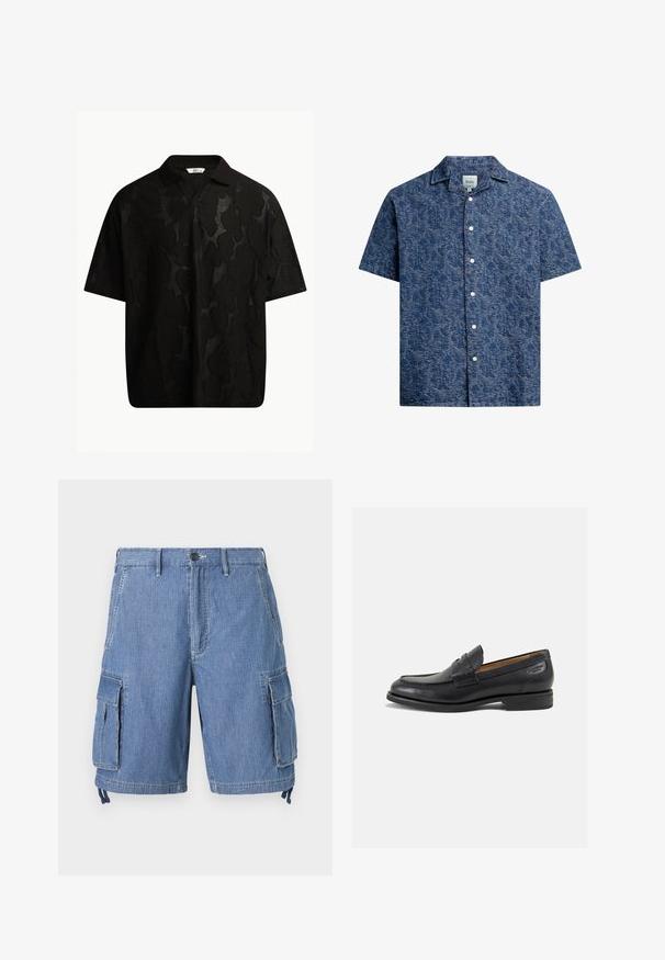 Juodas trumpas rankovėmis polo marškinėliai su tekstūruota, abstrakčia raštų. Apykaklė plokščia ir šiek tiek atvira, pabrėžianti atsipalaidavusį dizainą.; Trumpas rankovės mygtukų marškiniai iš tekstūruotos tamsiai mėlynos medžiagos su subtiliu raštu ir klasikine apykakle. Priekyje yra balti mygtukai.; Mėlynos džinsinės cargo šortai su mygtukų uždarymu, dviem priekiniams kišenėms ir dviem didelėms šoninėms kišenėms su atvartais. Apatinėje dalyje yra reguliuojamos raišteliai.; Juodi odiniai loafersai su lygiu paviršiumi, apvaliu pirštu ir dekoratyvine siūlė viršuje. Žemas sustiprintas kulnas ir lengvas blizgesys.