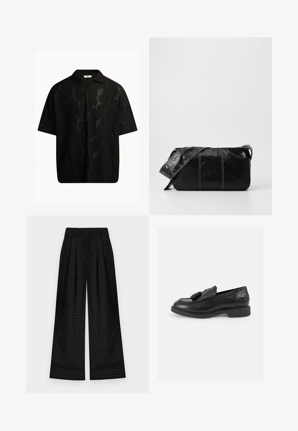 Mustapaita, jossa on lyhyet hihat ja rakenne, joka sisältää abstraktin kuvion. Kaulus on litteä ja hieman avoin, mikä korostaa rentoa ilmettä.; Mustat ruudulliset leveät housut, joissa on laskokset, sileä rakenne ja klassinen muotoilu. Kevyt kangas mukavuutta varten.; Musta nahkainen loafers-malli, jossa on pyöreä kärki, koristeelliset tupsut, kirjontayksityiskohtia ja matala kumipohja. Klassinen liukuva malli.; Mustakulmainen nahkainen olkalaukku, jossa on vetoketjukiinnitys, teksturoitu pinta, valkoiset ompeleet ja hihna, jossa on hopeiset niitit.