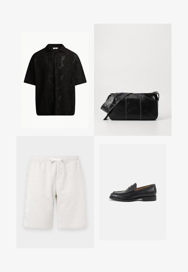 Polo noir à manches courtes avec un motif abstrait texturé. Le col est plat et légèrement ouvert, ce qui renforce le design décontracté.; Shorts rayés beige clair avec une taille élastique et un cordon de serrage. La texture semble douce et le tissu présente un léger motif vertical.; Mocassins en cuir noir avec une finition lisse, bout rond et coutures décoratives sur la tige. Talon bas empilé et léger brillant.; Sac à épaule en cuir noir avec une fermeture éclair, doté d'un corps texturé, de coutures blanches et d'une sangle avec des œillets en argent.