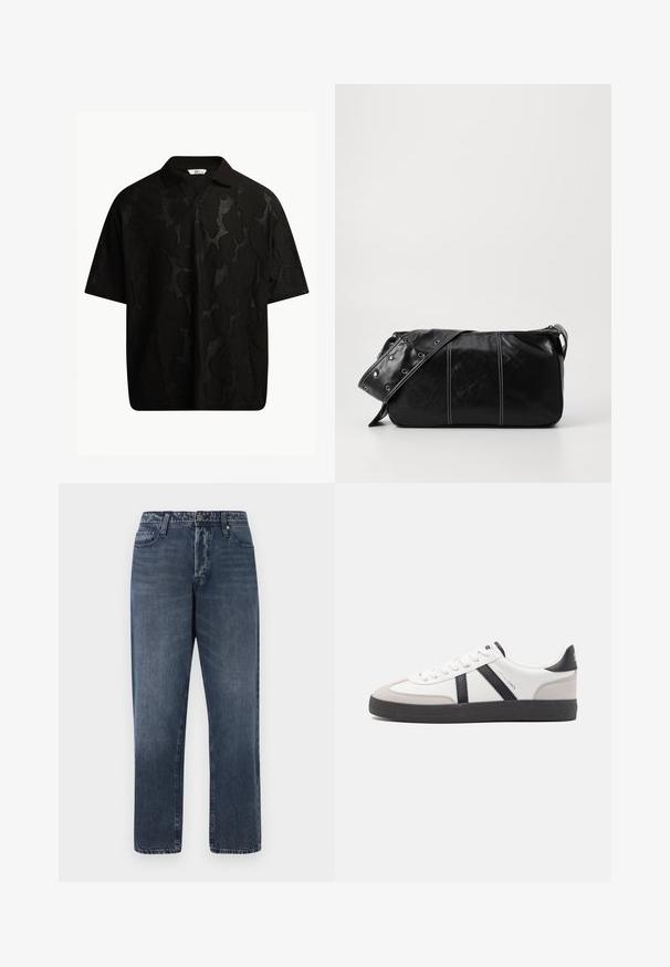 Svart kortermet polo skjorte med et teksturert, abstrakt mønster. Kragen er flat og litt åpen, noe som gir et mer avslappet design.; Jack & Jones JJIEDDIE JJORIGINAL - Baggy jeans - blue denim; Hvite sneakers med svarte og grå detaljer, med en teksturert grå tåhette, svart gummisåle, og flate hvite lisser. Rent design, minimalistisk stil.; Svart lær skulderveske med glidelås, med teksturert overflate, hvite sømmer og en stropp med sølvringer.
