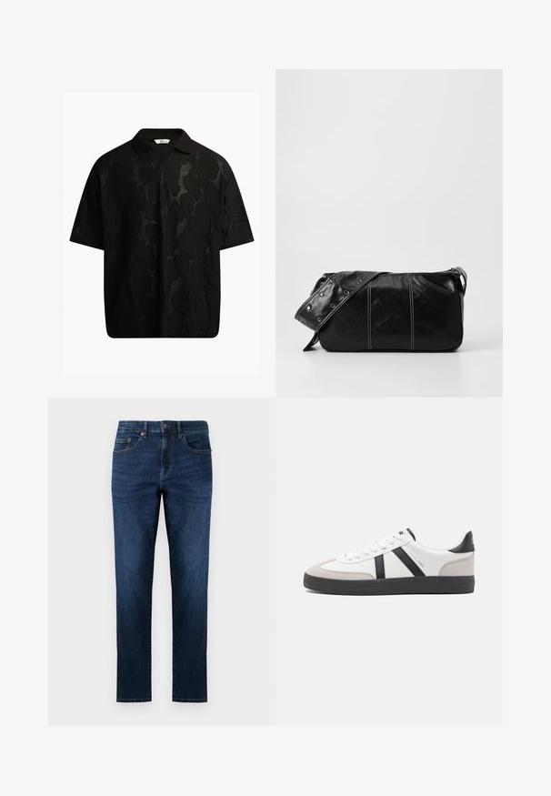 Černé polo tričko s krátkým rukávem, které má strukturovaný, abstraktní vzor. Límec je plochý a mírně rozepnutý, což podtrhuje uvolněný design.; Tmavě modré džíny z denimu s přímým střihem, které mají pět kapes, prošívané detaily a klasické zapínání na knoflíky.; Bílé tenisky s černými a šedými akcenty, opatřené texturovaným šedým prstovým krytem, černou gumovou podrážkou a plochými bílými tkaničkami. Čistý design, minimalistický styl.; Černá kožená kabelka přes rameno se zapínáním na zip, s texturovaným tělem, bílým prošíváním a popruhem se stříbrnými očky.