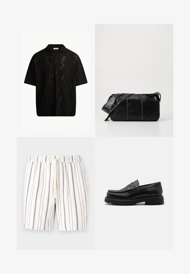 Mustapaita, jossa on lyhyet hihat ja rakenne, joka sisältää abstraktin kuvion. Kaulus on litteä ja hieman avoin, mikä korostaa rentoa ilmettä.; Valkoiset shortsit, joissa on pystysuorat tummansiniset raidat, joustava vyötärö ja kiristysnauha. Pehmeä rakenne, rento ja kevyt muotoilu.; Musta nahkakengät, joissa on pyöreä kärki, teksturoidut yksityiskohdat etuosassa ja paksu kumipohja, jossa on uria pitoa varten.; Mustakulmainen nahkainen olkalaukku, jossa on vetoketjukiinnitys, teksturoitu pinta, valkoiset ompeleet ja hihna, jossa on hopeiset niitit.