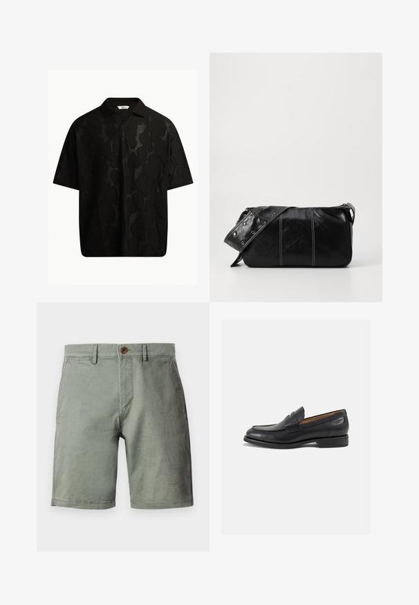 Mustapaita, jossa on lyhyet hihat ja rakenne, joka sisältää abstraktin kuvion. Kaulus on litteä ja hieman avoin, mikä korostaa rentoa ilmettä.; Vaaleanvihreät shortsit, jotka on valmistettu puuvillasekoitteesta. Niissä on etupainike, vyölenkit ja litteä etuosasuunnittelu. Sujuva rakenne, polven pituinen.; Mustat nahkaloaferit, joissa on sileä pinta, pyöreä varvas ja koristeompeleet varpaansuojassa. Matala pinottu korko ja hieno kiilto.; Mustakulmainen nahkainen olkalaukku, jossa on vetoketjukiinnitys, teksturoitu pinta, valkoiset ompeleet ja hihna, jossa on hopeiset niitit.