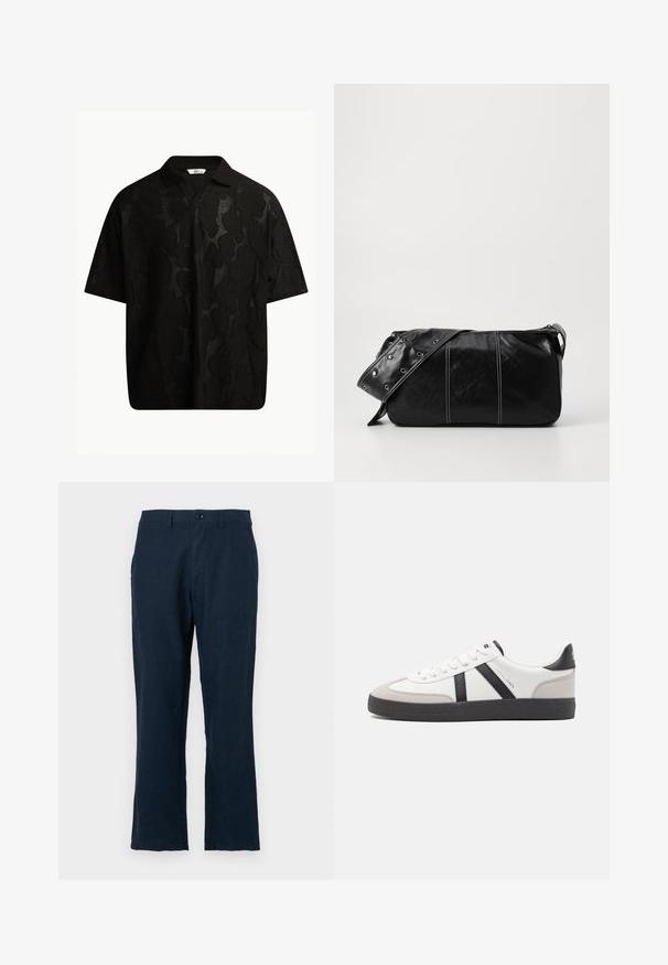Black short-sleeve polo shirt featuring a textured, abstract pattern. The collar is flat and slightly open, enhancing the relaxed design.; Navy blue linen trousers with a straight cut, button closure, and standard pockets. The fabric has a smooth texture and minimal detailing.; White sneaker with black and gray accents, featuring a textured gray toe cap, black rubber sole, and flat white laces. Clean design, minimalist style.; Black leather shoulder bag with a zip closure, featuring a textured body, white stitching, and a strap with silver grommets.