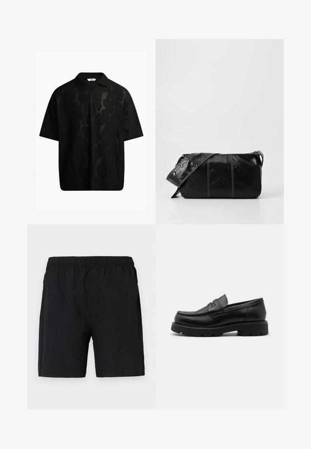 Crna kratkotrajna polo majica s teksturiranim, apstraktnim uzorkom. Ovratnik je ravan i blago otvoren, čime se dodatno naglašava opušteni dizajn.; Crne kupaćice od teksturirane tkanine, s elastičnim pojasom i bočnim džepovima, u slobodnom kroju.; Crne kožne mokasine s округлим prstom, teksturiranim detaljima sprijeda i čvrstim gumenim potplatom s utorima za prianjanje.; Crna kožna torba preko ramena s zatvaranjem na patentni zatvarač, s teksturiranim tijelom, bijelim šavovima i remenom sa srebrnim okovima.