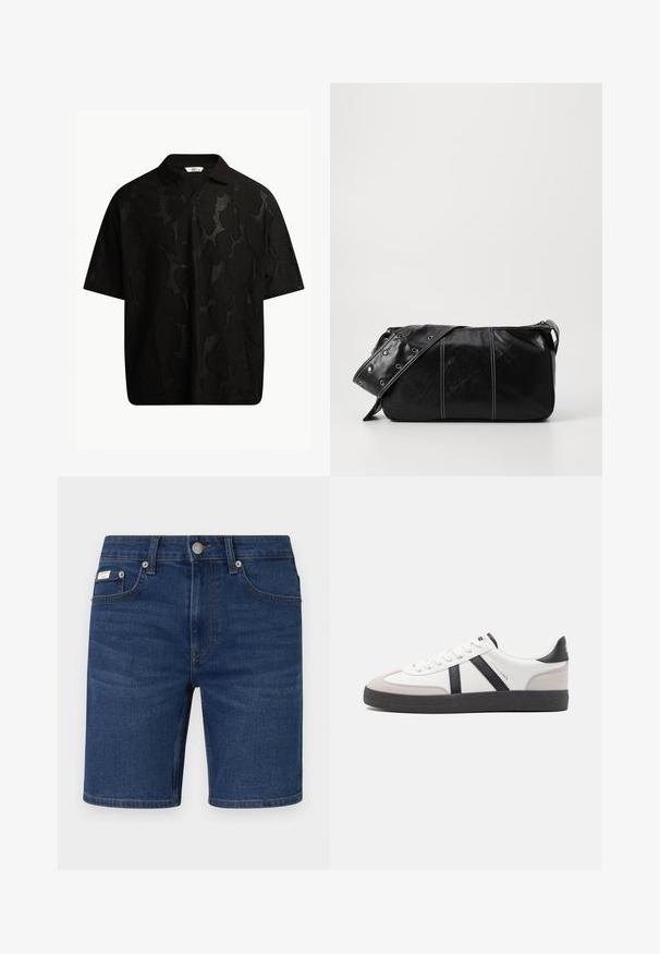 Must värvitud lühikeste varrukatega polo särk, millel on tekstureeritud abstraktne muster. Krae on lame ja veidi avatud, rõhutades lõdva disaini.; Tumed sinised teksashortsid klassikalise viie tasku disainiga, metallnupuga kinnitamist ja sirge lõikega äär. Minimalistlik brändinguteenus on nähtav.; Valged tossud mustade ja hallide aktsentidega, tekstureeritud halli varbakattega, musta kummitald ja lamedad valged paelad. Puhtad jooned, minimalistlik stiil.; Must mustra nahkainine õlakott, millel on tõmblukk, tekstureeritud pind, valged õmblused ja rihm hõbedaste rõngastega.