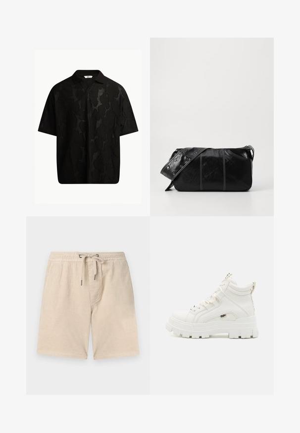 Μαύρο κοντομάνικο πόλο μπλουζάκι με υφή, φιλοτεχνημένο σε αφηρημένο σχέδιο. Ο γιακάς είναι επίπεδος και ελαφρώς ανοιχτός, ενισχύοντας τον χαλαρό σχεδιασμό.; Μπεζ κοντό παντελόνι από κοτλέ με ελαστική μέση, κλείσιμο με κορδόνι και πλαϊνές τσέπες; διαθέτει κάθετη ραβδωτή υφή.; Λευκά αθλητικά παπούτσια μέχρι τον αστράγαλο με υφή, χοντρή καουτσούκ σόλα και επενδυμένο κολάρο. Διαθέτουν σχέδιο με κορδόνια και λογότυπο.; Μαύρη δερμάτινη τσάντα ώμου με φερμουάρ, με υφή σώματος, λευκή ραφή και λουρί με ασημένιες οπές.