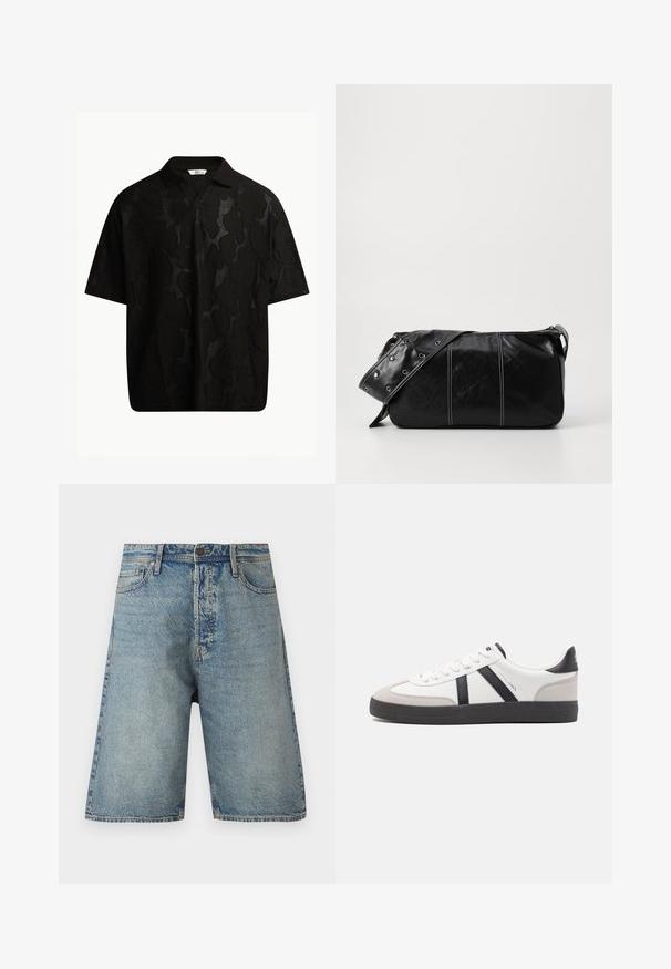 Black short-sleeve polo shirt featuring a textured, abstract pattern. The collar is flat and slightly open, enhancing the relaxed design.; Denim shorts featuring a light blue wash, five-pocket design, and straight cut. Durable fabric with visible stitching and a button closure.; White sneaker with black and gray accents, featuring a textured gray toe cap, black rubber sole, and flat white laces. Clean design, minimalist style.; Black leather shoulder bag with a zip closure, featuring a textured body, white stitching, and a strap with silver grommets.