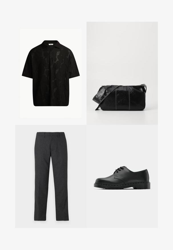 Juodas trumpas rankovėmis polo marškinėliai su tekstūruota, abstrakčia raštų. Apykaklė plokščia ir šiek tiek atvira, pabrėžianti atsipalaidavusį dizainą.; Tamsiai pilki pritaikyti kelnės su lygia tekstūra, tiesiomis kojomis, priekinėmis kišenėmis ir diržo kilpelėmis, leidžiančiomis reguliuoti dydį.; Juodos odinės oksfordo bateliai su raištelių užsegimu, apvaliu pirštu, plokščiu guminiu padu ir subtiliu siuvimo akcentu viršuje.; Juodas odinis pečių krepšys su užtrauktuku, turintis tekstūruotą paviršių, baltą siuvinėjimą ir dirželį su sidabinėmis metalinėmis detalėmis.