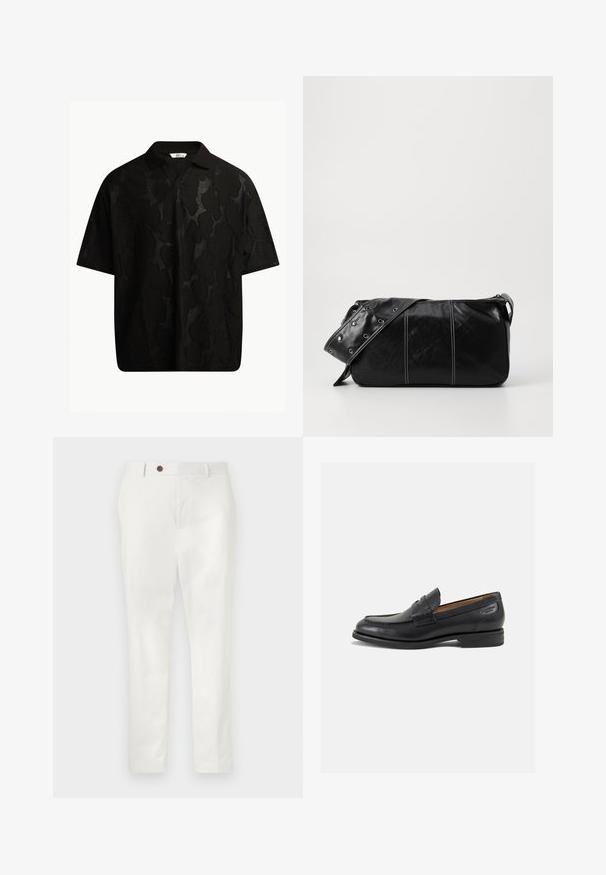 Fekete, rövid ujjú polo póló, amely textúrált, absztrakt mintázattal rendelkezik. A gallér lapos és enyhén nyitott, ami fokozza a laza dizájnt.; Fehér nadrág könnyű anyagból, egyenes lábbal, egyetlen barna gombbal a derékon, minimalista stílusban.; Fekete bőr loaferek sima felülettel, lekerekített orral és díszítő varrással a lábfejen. Alacsony, réteges sarkú és enyhe fényű.; Fekete bőr válltáska, cipzárral zárva, texturált felülettel, fehér varrással és ezüst fémgyűrűs pánttal.