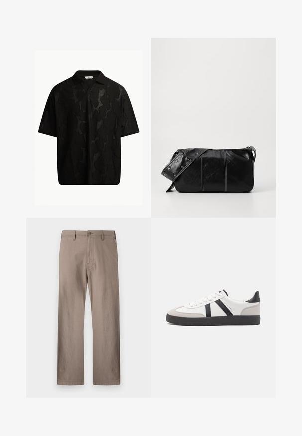 Melns īsām piedurknēm polo krekls ar teksturētu, abstraktu rakstu. Apkakle ir plakana un nedaudz atvērta, uzsverot brīvo dizainu.; Beige taisnas kājas bikses, izgatavotas no viegla auduma, ar pogu aizdari, priekšējām kabatām un tīru šuvumu.; Baltas sneakeris ar melniem un pelēkiem akcentiem, kuram ir teksturēts pelēks purngals, melna gumijas zole un plakanas baltas šņores. Tīrs dizains, minimālisma stils.; Melnas ādas plecu soma ar rāvējslēdzēja aizdari, ar teksturētu virsmu, baltu dūrienu un siksnu ar sudraba iekavām.
