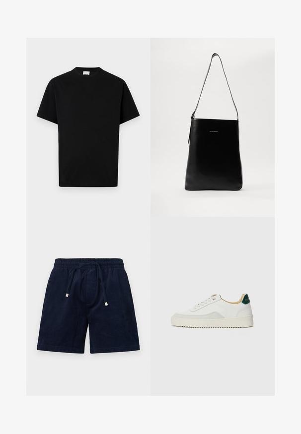 Černé bavlněné tričko s kulatým výstřihem, krátkými rukávy a rovný střih. Žádné viditelné vzory ani kovové detaily.; Námořnické kordové šortky s elastickým pasem, nastavitelným šňůrkou a zlatými kovovými zakončeními. Mají měkkou texturu a rovný střih.; Bílé tenisky se semišovými prvky, kulatou špičkou, plochými tkaničkami a krémovou gumovou podrážkou. Na patě mají zelené logo.; Černá kožená kabelka na rameno s hladkým povrchem, obdélníkovým tvarem a dlouhým popruhem; na středu má malé bílé logo.