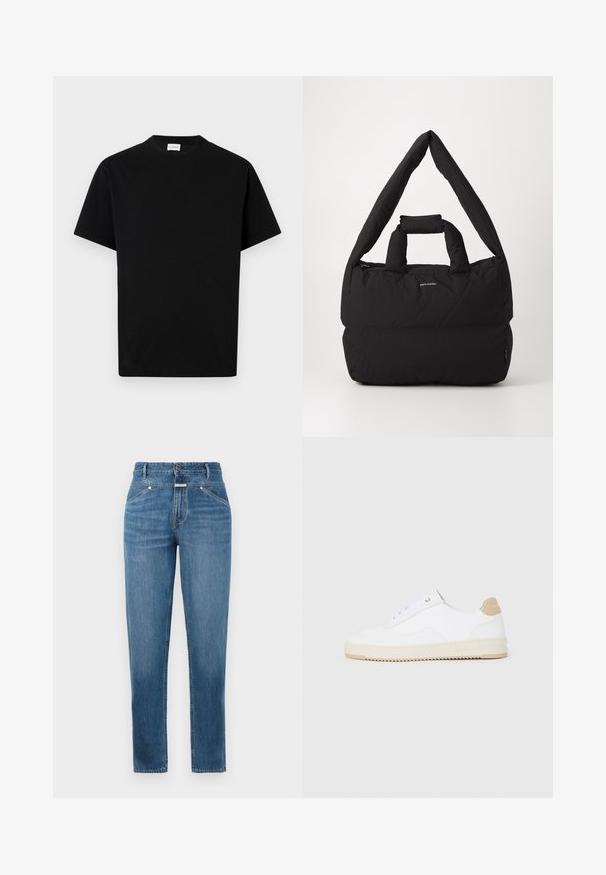 Must värvi puuvillane T-särk ümarate kaelustega, lühikeste varrukatega ja sirge lõikega. Ilma nähtavate mustrite või riistade detailideta.; Sinise kõrge vöökohaga sirged teksad, millel on esitaskud, vööaasad, nupu sulgemine ja peened fading detailid.; Valged madala varsaga tennisetooted, mille pealmine on tekstuuriga nahast, kreemja soonikuga tald ja pruuni tooni kand. Omab valgeid paelu ja logodetaile kanna peal.; Must toop ja pehmest materjalist õlarihmaga must padded kott, millel on laiem pehme õlarihm ja pealmine käepide. Omab tõmblukuga sulgemist ja diskreetset logo ees.