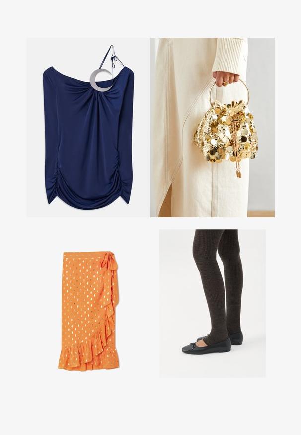 Tamsiai mėlynas drapiruotas viršus su petį atidengiančiu dizainu, turintis apvalų metalinį akcentą ir susiraukšlėjimą šonuose. Lygus tekstūra.; Oranžinė ilgomis rankovėmis marškinėliai, pagaminti iš lengvos medžiagos, su auksinėmis taškeliais, mygtukų užsegimu priekyje ir mygtukais rankogaliuose, su laisvu pritaikymu.; Oranžinė apvyniota sijonas su auksiniais taškeliais, raukšlėta apatinė dalis ir šoninė juostelė. Pagaminta iš lengvos medžiagos, turinčios lygų paviršių.; Juodos plokščios bateliai su maža kaspinėlio detale prie pirštų, derinami su tamsiai rudos spalvos raukšlėtomis pėdkelnėmis. Bateliai turi lygų paviršių ir žemą profilį.; Aukso blizgučių krepšys su virvelėmis ir apvaliu rankenėle, puikiai papildytas blizgučiais ir tekstūruotu audiniu. Išmatavimai nenurodyti.