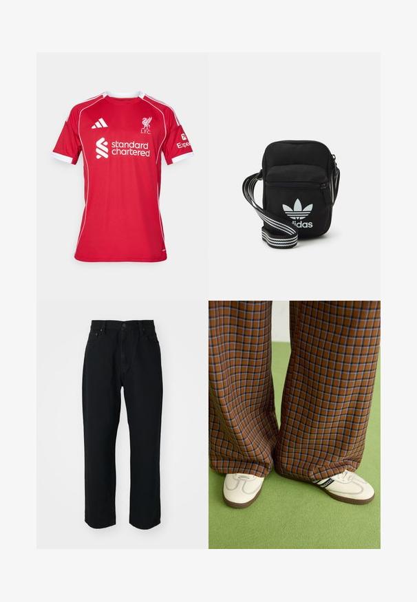 Rød fotballskjorte med kort erm laget av polyester, med hvite detaljer, rund hals og logoer for L.F.C. og Standard Chartered.; Svarte denimjeans med rett snitt, lett tekstur, fem-lomme design og knappelukking i livet.; Brune og blå rutete vide bukser sammen med hvite sko med svarte detaljer og teksturerte såler, satt mot en grønn bakgrunn.; Svart stoff crossbody veske med glidelås, med en hvit Adidas-logo og enstripet justerbar stropp for enkel bæring.