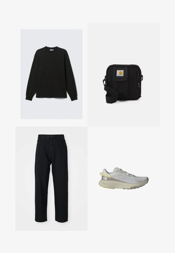 Black long-sleeve cotton t-shirt featuring a round neckline and ribbed cuffs, with a straight hem and minimal stitching details.; Black denim pants with a straight-leg cut. Features classic five-pocket design, button closure, and subtle fabric texture.; The North Face ALTAMESA 300 - Trail running shoes - glacier gray/soapstone; Black crossbody bag with a zippered main compartment, front pocket, adjustable strap, and a visible logo patch on the flap.