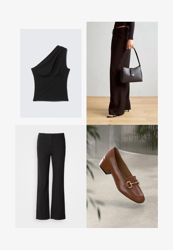 Top negro asimétrico hecho de tela elástica, con diseño de un solo hombro drapeado y cintura fruncida para una apariencia ajustada.; Pantalones de mezcla de algodón negros con un diseño de pierna recta, cierre frontal de botón y dos bolsillos laterales. Textura suave, sin patrones visibles.; Mocasines de charol marrón con punta cuadrada, acento de cadena metálica y tacón bajo; textura suave, diseño minimalista.; Bolso negro con forma estructurada, textura suave y un cierre metálico. Combinado con pantalones anchos negros y sandalias de dedo en un suelo de madera.