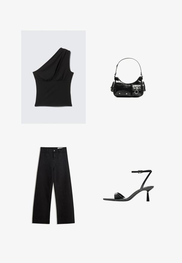Aszimmetrikus fekete felső, rugalmas anyagból, drapírozott, egy vállat takaró kivitelben, összegyűrt derékkal, ami illeszkedő megjelenést biztosít.; Fekete, bő szabású farmernadrág magas derékkal, elülső és hátsó zsebekkel, varrott felületekkel és gombos záródással. Sima textúra.; Bershka Magas sarkú szandálok - black; Fekete lakkbőr kézitáska ívelt formával, egy vállpánttal, elülső zsebekkel és ezüstszínű fémrészletekkel.