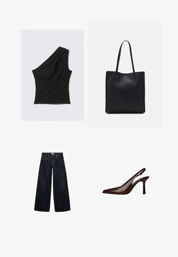 Asymmetrisches schwarzes Oberteil aus elastischem Stoff, mit einem drapierten Ein-Schulter-Design und gerafftem Bund für eine figurbetonte Optik.; Weite, dunkelblaue Jeans mit hoch sitzendem Bund, kontrastierenden Nähten, Vorderentaschen und einem minimalistischen Design.; Braune Leder-Slingback-Pumps mit spitzer Zehenform und dünnem Absatz. Sie verfügen über eine kleine Akzent-Schnalle am Riemen und eine glänzende Oberfläche.; Schwarze Laptoptasche aus Leder mit glatter Textur, rechteckiger Form und zwei langen Griffen. Keine sichtbaren Beschläge oder Verzierungen.