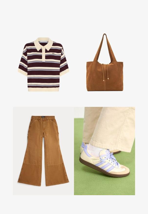 Kortärmad polo i vinrött och krämfärgade ränder med ljusblå accenter, med krage och knäppning fram. Mjuk stickad tyg.; Bruna vida byxor i bomull med lappar, knappstängning och snedställda fickor framtill. Mjuk textur, avslappnad design.; Krämfärgade och lavendelfärgade sneakers med tre ränder och en texturerad brun sula, med snören och en vadderad häl. Mjuk tygobero.; Brun mockaläders toteväska med två långa remmar, dragsko-stängning och minimalistisk design. Slät textur och inga synliga metallaccenter.