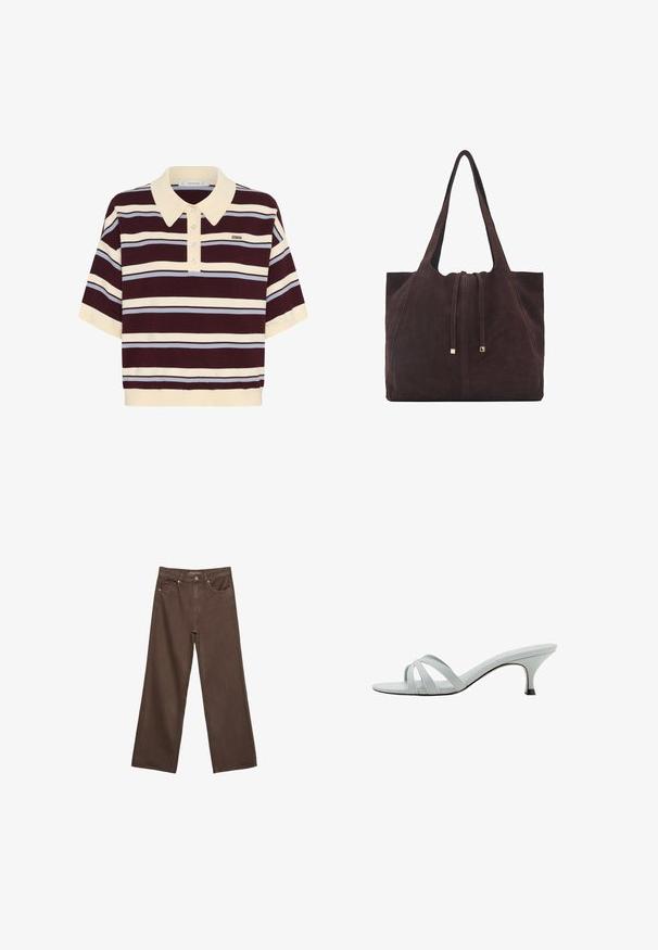 Koszulka polo z krótkim rękawem w bordowe i kremowe paski z jasnoniebieskimi akcentami, z kołnierzykiem i zapięciem na guziki. Miękka dzianina.; Szerokie brązowe dżinsy wykonane z denimu, z wysokim stanem, przednimi kieszeniami i klasycznym zapięciem na guzik. Gładka faktura z subtelnym przeszyciem.; Jasnoszare sandały na obcasie z trzema krzyżującymi się paskami, o smukłym profilu i zwężanym obcasie. Gładka faktura z lekko błyszczącym wykończeniem.; Mango - Torba na zakupy