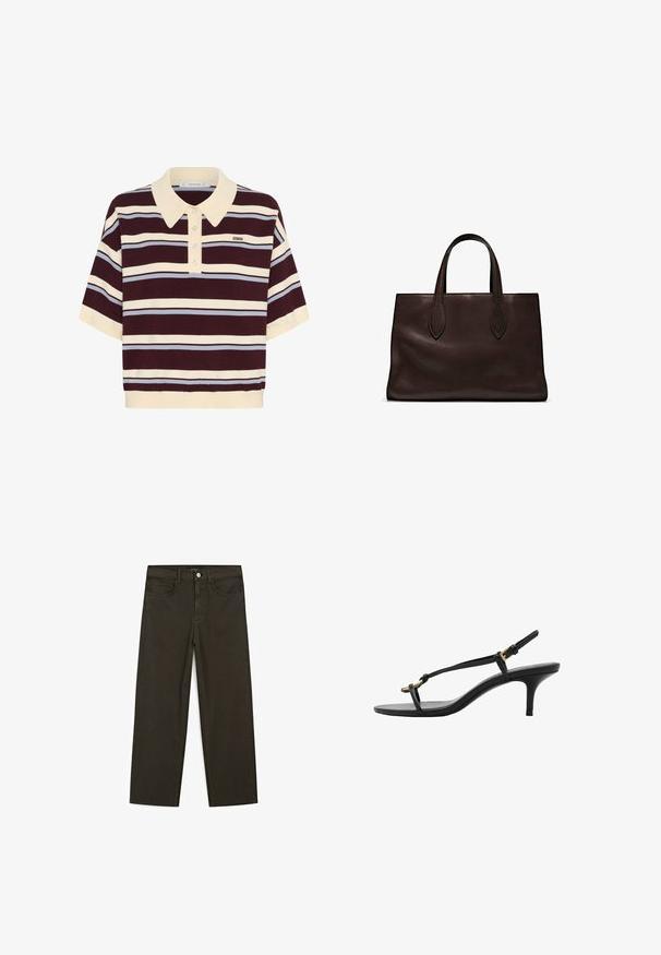 Polo tričko s krátkým rukávem v mahagonové a krémové pruhy s akcenty v světlé modré barvě, s límečkem a knoflíkovou légou. Měkká pletená tkanina.; Tmavě zelené široké džínsy vyrobené z bavlněné směsi, s předním zapínáním na knoflík, pěti kapsami a klasickým denimovým stehem.; Černé kožené sandály na kotníkovém podpatku s tenkými pásky, zlatou sponou a minimalistickým provlečením na prstech na bílém pozadí.; Hnědá kožená taška přes rameno s dvěma dlouhými uchy, strukturální obdélníkový tvar, hladká textura a jemné švy.