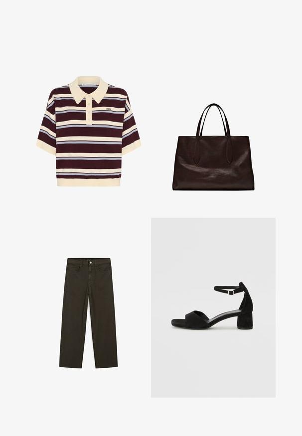 Polo tričko s krátkým rukávem v mahagonové a krémové pruhy s akcenty v světlé modré barvě, s límečkem a knoflíkovou légou. Měkká pletená tkanina.; Tmavě zelené široké džínsy vyrobené z bavlněné směsi, s předním zapínáním na knoflík, pěti kapsami a klasickým denimovým stehem.; Černé sametové sandály na podpatku s tenkým řemínkem kolem kotníku, otevřenou špičkou a skromným blokovým podpatkem. Hladká textura a minimální akcenty.; Massimo Dutti Kabelka - brown