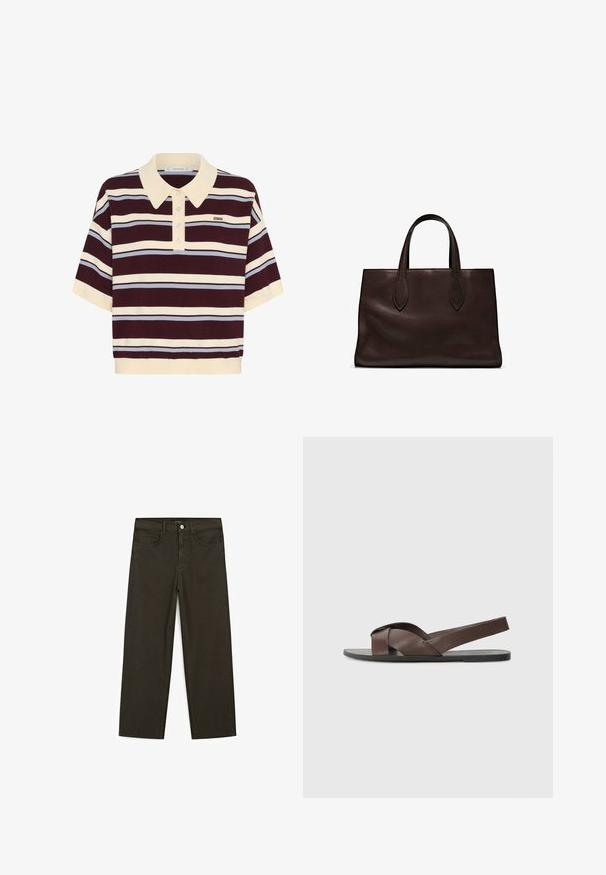 Korte mouwen polo shirt in kastanjebruin en crèmekleurige strepen met lichtblauwe accenten, met een kraag en knoopsluiting. Zacht gebreide stof.; Donkergroene wijde jeans van een katoenmix, met een sluiting met een voorste knop, vijf zakken en klassieke denimstiksels.; Bruine leren sandaal met een kruisbandontwerp, vlakke zwarte zool en verstelbare achterband. Gladde textuur en minimale hardwaredetails.; Bruine leren tote bag met twee verlengde handvatten, gestructureerde rechthoekige vorm, gladde textuur en subtiele stiksels.