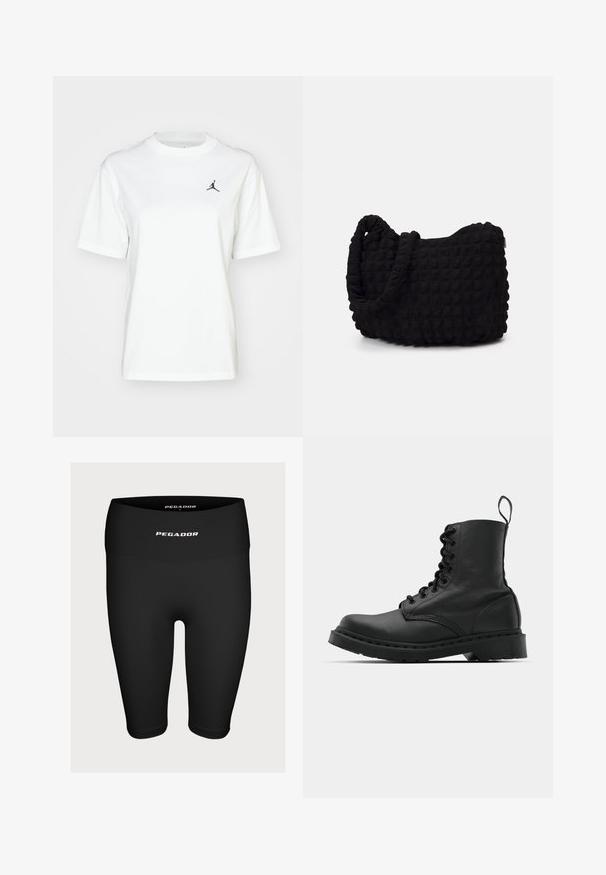Fehér pamut póló rövid ujjakkal, kerek nyakkivágással és egy kis fekete Jordan logóval a bal felső mellkasi részen.; Fekete sportnadrág rugalmas anyagból, magas derékkal, elöl fehér "PEGADOR" logóval.; Fekete bőr harci csizma, kerek orral, fűzős elülső résszel és húzófüllel a bokánál. Vastag gumitalp jellemzi, amely tartósságot biztosít.; Fekete szövet táska texturált, steppelt mintával. Kerek formájú, rövid, vastag fogantyúkkal és puha, rugalmas szerkezettel.