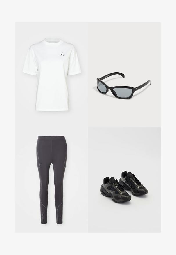 Weißes Baumwoll-T-Shirt mit kurzen Ärmeln, Rundhalsausschnitt und kleinem schwarzem Jordan-Logo im oberen linken Brustbereich.; Schwarze Sportleggings aus elastischem Material mit dezenten grauen Akzenten, Seitenpanels und durchbrochenen Mustern an den Knöcheln.; Schwarze Sportschuhe aus synthetischem Material mit Mesh-Akzenten und abgerundeten Sohlen. Verfügt über ein Schnürsystem und ein prominentes Nike-Logo auf der Zunge.; Schwarze Sonnenbrille mit einem eleganten, kantigen Design. Verfügt über graue Gläser und glänzende Kunststoffrahmen. Enthält kleine Metallakzente und Branding am Bügel.