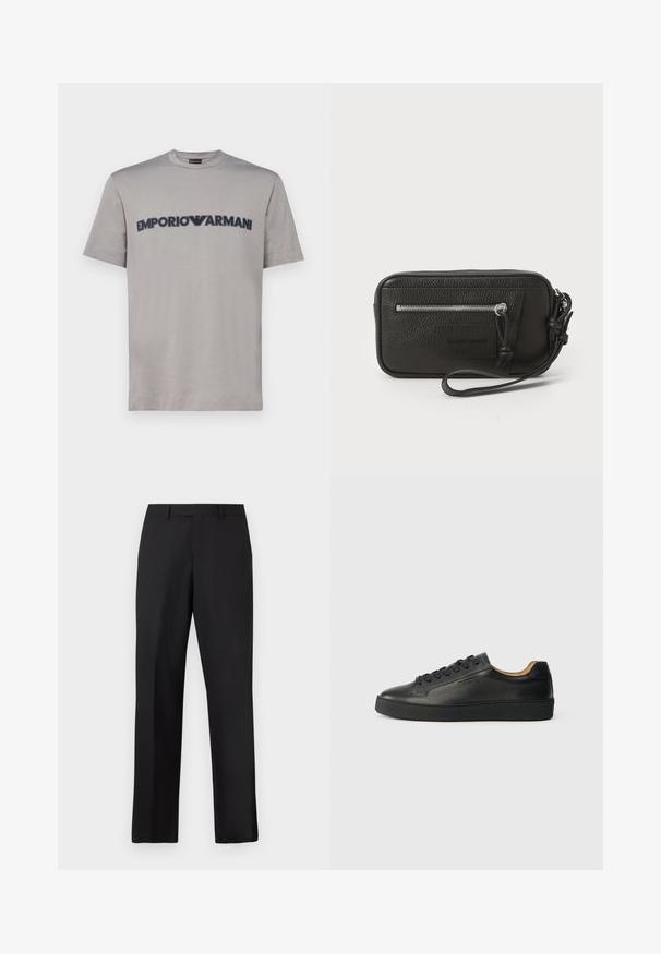 Emporio Armani - T-shirt z nadrukiem; Czarne spodnie o prostych nogawkach wykonane z gładkiej tkaniny. Posiadają standardowy pas i nie mają widocznych wzorów ani zdobień.; Czarne niskie trampki skórzane z teksturowaną powierzchnią, czarnymi sznurowadłami i grubą gumową podeszwą, pokazane z boku na jasnym tle.; Czarna skórzana kopertówka o teksturowanej powierzchni, z przednią kieszenią na zamek błyskawiczny i odpinanym uchwytem na nadgarstek. Posiada naszywkę z logo z przodu. Prostokątny kształt.