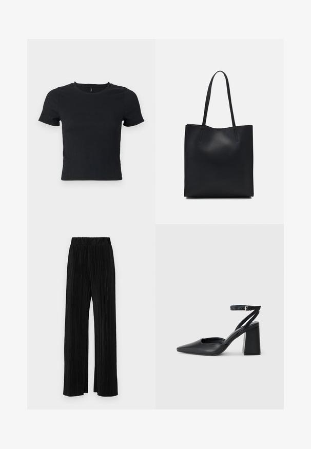 Fekete, rövid ujjú póló, texturált anyagból, kerek nyakkivágással. Testhezálló fazon, diszkrét mintázat és hasig érő kialakítás.; Fekete pliszírozott nadrág gumis derekkal. Széles lábakkal rendelkezik, sima, texturált anyagból készült, függőleges csíkokkal.; Fekete bőr, hegyes orrú magassarkú cipő boka pánttal és vastag sarokkal. Sima textúra, elegáns dizájn és minimális esztétika.; Fekete bőrtáska sima felszínnel, téglalap alakú, két hosszú füllel. Nincs látható fémkiegészítő vagy díszítés.