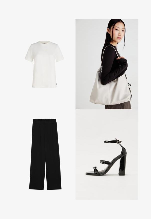 Weißes T-Shirt mit kurzen Ärmeln aus Baumwolle, ausgestattet mit einem dezent gestickten Logo auf der Brust, rundem Ausschnitt und lockerer Passform.; Schwarze weit geschnittene Hose mit einem gerüschten Bund, ausgestattet mit zwei Seitentaschen und einem glatten, leichten Stoff. Keine sichtbaren Muster oder Beschläge.; Schwarze patentierte Sandalen mit Absatz, quadratischer Spitze, Knöchelriemen und silbernen Schnallen. Mit einem stabilen Blockabsatz für mehr Stabilität.; Beige Handtasche aus weichem Material, mit einem lässigen Design, gesteppten Details und zwei Schulterriemen. Geeignet für den täglichen Gebrauch.