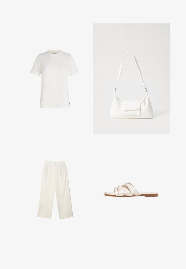 Bílý tričko s krátkým rukávem vyrobené z bavlny, s jemně vyšitým logem na hrudi, kulatým výstřihem a volným střihem.; Široké kalhoty z krémové látky s hladkým povrchem, s jediným předním knoflíkem, jemnými skladbami a vysokým pasem.; Ploché sandály s hnědou gumovou podrážkou, navržené se třemi překrývajícími se bílými koženými řemínky a malým mašlí uprostřed.; Bílá syntetická kabelka v trojúhelníkovém tvaru, s plochým předním klopným víkem a detailem mašle, nastavitelným popruhem, hladkým povrchem a minimalistickým designem.