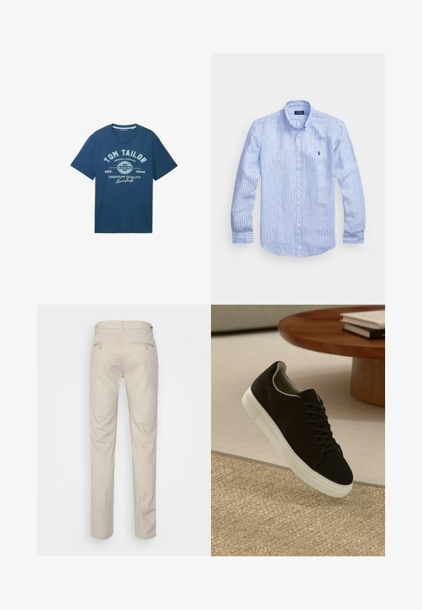 Tamsiai mėlynas medvilnės marškinėliai su priekiniais grafikos tekstais, apskritas kaklas, trumpomis rankovėmis ir laisvu siluetu. Puikiai tinka kasdieniam dėvėjimui.; Mėlynos ir baltos dryžuotos ilgomis rankovėmis medvilninė marškiniai, turintys sagtelę ant apykaklės, priekinius mygtukus ir mažą išsiuvinėtą logotipą krūtinėje.; Bežinės kelnės su lygia tekstūra, tiesiu pjūviu, dviem užpakalinėmis kišenėmis su sagomis ir standartine juosmena.; Juodas sportinis batelis su baltu padu, lekiančius virš smėlio spalvos tekstūruoto kilimo šalia apvalaus medinio stalo su sukrautomis knygomis.