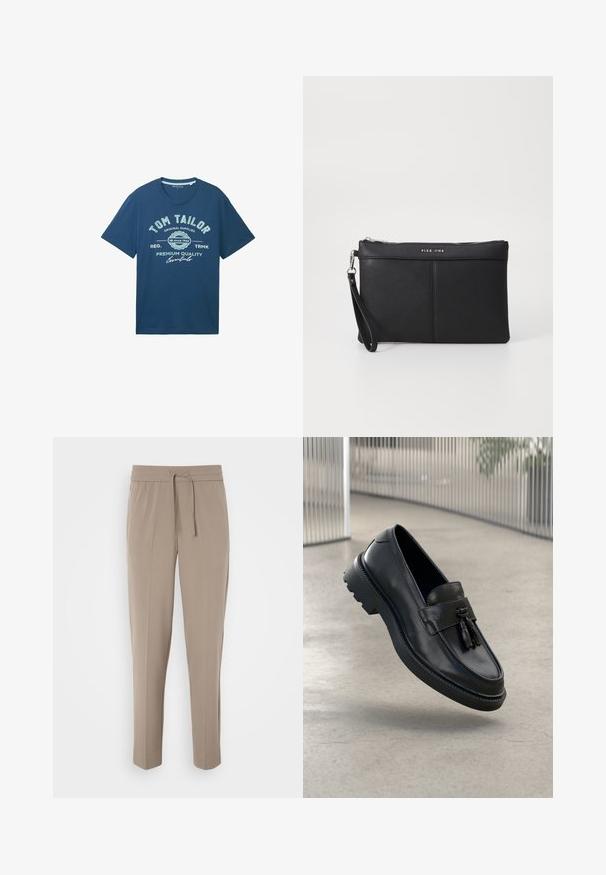 Navy blue cotton T-shirt featuring front graphic text, round neckline, short sleeves, and a relaxed fit. Ideal for casual wear.; Light beige trousers with an elastic waistband, adjustable drawstring, and tapered legs. Fabric appears smooth with a slight sheen.; Black leather loafers with a smooth finish, decorative tassel, thick rubber sole, and stitched accents. Lightweight and sleek design.; Black synthetic clutch with a zip closure, wrist strap, and a smooth texture. Features subtle stitching and a logo embossed on the front.