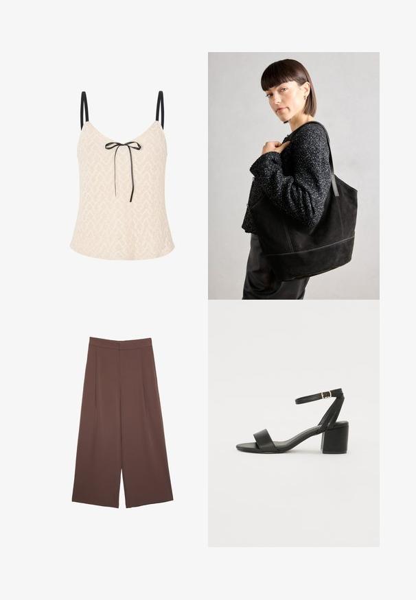 Lace top in light beige with a chevron pattern, featuring thin black straps and a front bow accent for added detail.; Brown wide-leg trousers with a smooth texture, featuring a high waist and front pleats. The fabric is lightweight and flows loosely.; Black heeled sandal featuring a smooth leather upper, an open toe, wide front straps, and adjustable ankle strap with a gold buckle detail.; Black suede tote bag with a smooth texture, structured shape, and contrasting stitching. Features long straps for shoulder carry.