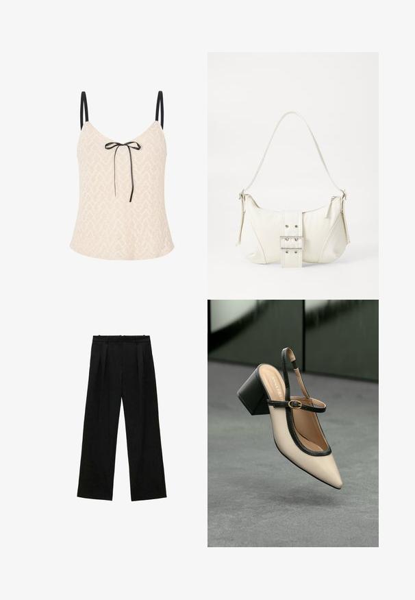 Krajkový top v světle béžové barvě s vzorem v tvaru chevron, který má tenké černé ramínka a přední mašlí jako další detail.; Černé široké kalhoty s plisováním, s hladkou texturou a vysokým pasem. Minimalistický styl, žádné viditelné kovové prvky nebo ozdoby.; Beige boty s špičatou špičkou a otevřenou patou, černými detaily, zlatou přezkou a silným blokovým podpatkem, na šedé podlaze s tmavě zeleným pozadím.; Bílá kabelka na rameno s texturovaným povrchem, centrálním akcentem v podobě spony a zakřiveným tvarem. Zipové uzávěry na obou stranách.