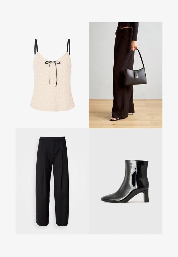Spitzenoberteil in hellbeige mit einem Zickzackmuster, dünnen schwarzen Trägern und einem vorderen Schleifenelement für zusätzliche Details.; Schwarze Hosen mit lockerer Passform, gefaltetem Bund und Gürtelschlaufen. Glattes Material und gerade Beine mit seitlichen Taschen.; Schwarzer Lackleder-Stiefelette mit spitzer Zehe und einem mittelhohen Blockabsatz. Glatte Textur und minimalistisches Design.; Schwarze Handtasche mit strukturierter Form, glatter Textur und einem metallischen Verschluss. Kombiniert mit weiten schwarzen Hosen und offenen Sandalen auf einem Holzboden.