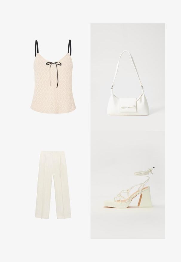 Spitzenoberteil in hellbeige mit einem Zickzackmuster, dünnen schwarzen Trägern und einem vorderen Schleifenelement für zusätzliche Details.; Weit geschnittene Hosen in einem hellen cremefarbenen Farbton. Hergestellt aus einem glatten Stoff mit Falten an der Vorderseite und seitlichen Taschen.; Weiße High-Heel-Sandale mit einem klobigen Absatz, die über ein Riemchendesign und ein Knöchelband verfügt. Glatte Textur mit einer Plattform vorne für zusätzliche Höhe.; Weiße synthetische Handtasche in dreieckiger Form, flache Vorderklappe und Schleifendetail, verstellbarer Trageriemen, glatte Textur und minimalistisches Design.