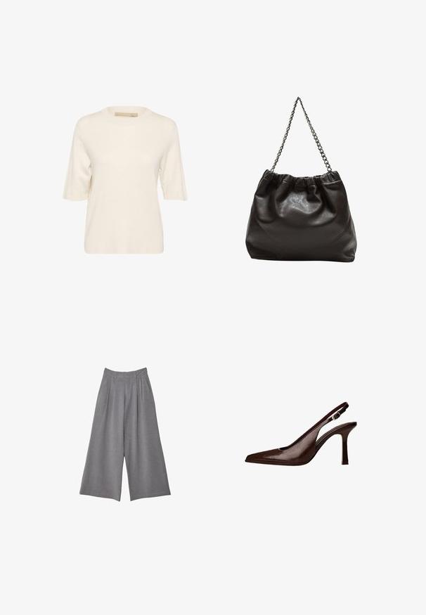 Culture EBBA ANNEMETTE - Pulover - whitecap; Sive široke hlače iz strukturirane tkanine, z gubami na pasu in dvema stranskima žepoma. Oblikovane z srednje visokim pasom.; Rjava usnjena slingback čevlja s koničastim nosom in tankim petam. Ima majhno dekorativno sponko na traku in sijajno površino.; Rjava usnjena torba z nabranim vrhom in verižnim trakom. Gladka tekstura z sijajno površino in subtilnimi šivi na straneh.