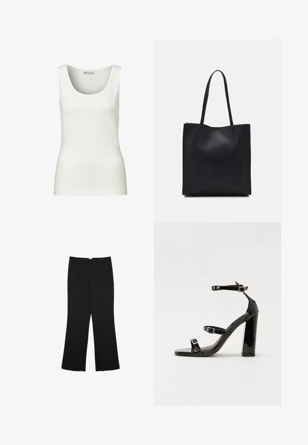 White sleeveless tank top with a rounded neckline, made of smooth cotton fabric, featuring a fitted shape and no visible patterns or accents.; Black trousers with a straight fit, featuring front pockets and side slits at the hem. Made of soft, smooth fabric. Suitable for various occasions.; Black patent heeled sandals with a square toe, ankle straps, and silver buckles. Features a chunky block heel for stability.; Black leather tote bag with smooth texture, rectangular shape, and two long handles. No visible hardware or embellishments.