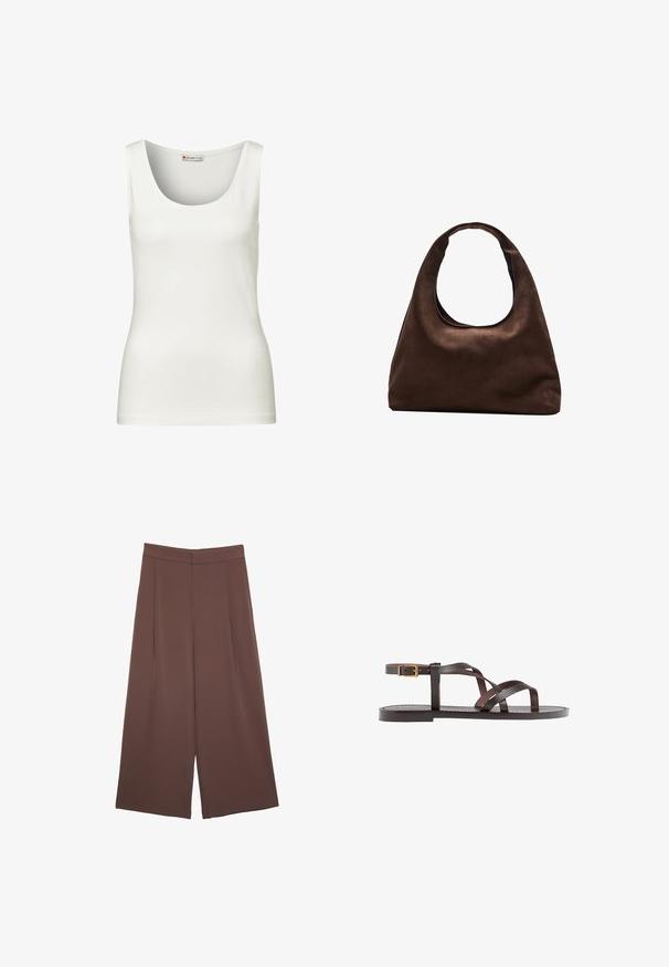Weißes, ärmelloses Tanktop mit rundem Halsausschnitt, aus glattem Baumwollstoff gefertigt, mit taillierter Form und ohne sichtbare Muster oder Akzente.; Braune Weite-Leg-Hosen mit einer glatten Textur, hoher Taille und Vorderfalten. Der Stoff ist leicht und fällt locker.; Braune Leder-Sandale mit überkreuzten Riemen, einem Knöchelriemen mit Schnalle und einer flachen Sohle mit minimalen Nähdetails.; Weiche braune Hobo-Stil Handtasche mit einem einzigen breiten Trageriemen und einer geschwungenen Oberteilöffnung, auf einem weißen Hintergrund präsentiert.