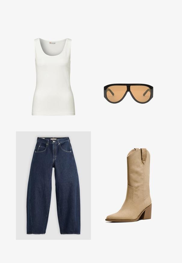 White sleeveless tank top with a rounded neckline, made of smooth cotton fabric, featuring a fitted shape and no visible patterns or accents.; Dark blue denim jeans with a loose fit, light stitching, five pockets, and a button closure at the waistband.; Bershka HIGH-HEEL - Cowboy/Biker boots - beige; Black oversized sunglasses with brown lens, featuring wide, angular frames and straight arms. Smooth glossy finish, minimal hardware.