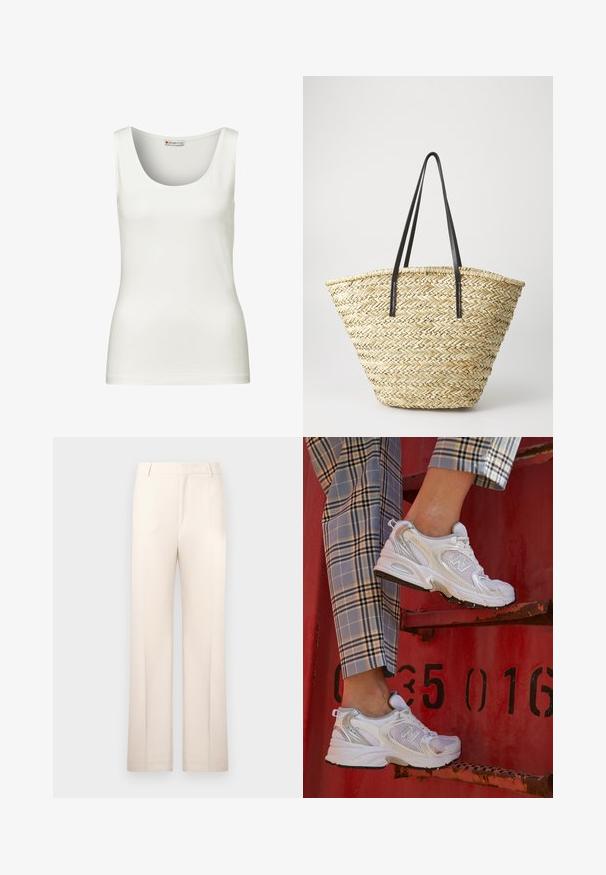 Biała bezrękawnik z okrągłym dekoltem, wykonany z gładkiego materiału bawełnianego, o dopasowanym kroju i bez widocznych wzorów czy akcentów.; Beżowe spodnie o prostym kroju, uszyte z lekkiego materiału. Posiadają fałdy z przodu i klasyczny pas.; Białe siatkowe sneakersy z srebrnymi akcentami i teksturowaną podeszwą, umieszczone na czerwonej powierzchni, w połączeniu z materiałowymi spodniami w kratę.; Woven straw tote bag o szerokim, stożkowatym kształcie, z dwoma czarnymi skórzanymi uchwytami. Naturalny beżowy kolor o fakturowej powierzchni.