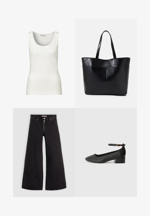 Weißes, ärmelloses Tanktop mit rundem Halsausschnitt, aus glattem Baumwollstoff gefertigt, mit taillierter Form und ohne sichtbare Muster oder Akzente.; Schwarze Denim-Jeans mit weitem Bein, Reißverschluss vorne, Fünf-Taschen-Design und dezenten Stickdetails. Glatte Textur und lässiger Stil.; Schwarze Lederpumps mit spitzem Zehenbereich und niedrigem Blockabsatz. Mit einem Knöchelriemen und einer goldfarbenen Schnalle. Glatte Textur.; Schwarze Leder-Shopper-Tasche mit zwei langen Griffen, einer glatten Textur und einer strukturierten Form. Verfügt über eine Vordertasche für zusätzlichen Stauraum.