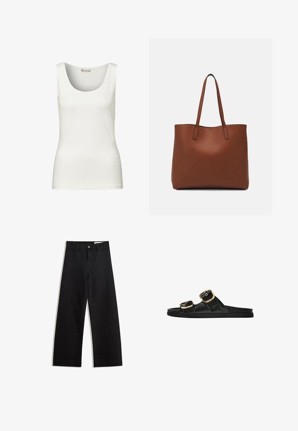 White sleeveless tank top with a rounded neckline, made of smooth cotton fabric, featuring a fitted shape and no visible patterns or accents.; Black wide-leg denim pants with a high waist, featuring front and back pockets, stitched seams, and a button closure. Smooth texture.; Black slide sandal with two gold buckle accents, smooth textured material, flat sole, and a minimalist design.; Brown leather tote bag with a smooth texture, open top design, and two shoulder straps. Features minimal stitching and no visible hardware.
