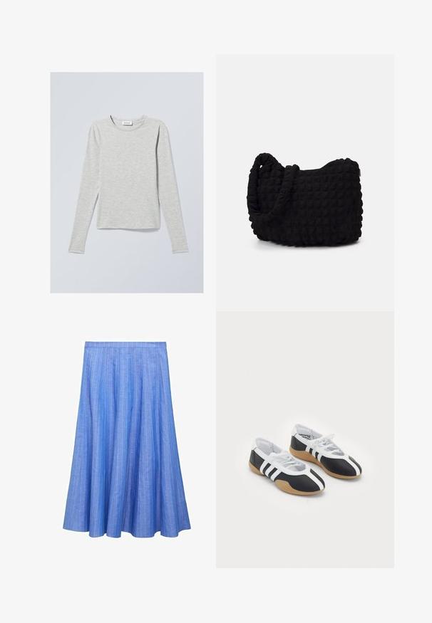 Light gray long-sleeve T-shirt made of soft fabric, featuring a crew neck, standard fit, and minimal texture. No visible patterns or accents.; Light blue pleated skirt with vertical white stripes. Made of soft fabric featuring a mid-length design and a fitted waistband.; Black and white athletic shoes with a sleek design, rubber sole, lace-up closure, and three white stripes on the sides.; Black fabric bag with a textured, quilted pattern. Rounded shape, short, thick handles, and a soft, flexible structure.