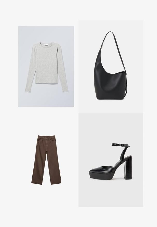 Vaaleanharmaa pitkähiha, pehmeästä kankaasta valmistettu T-paita, jossa on pyöreä kaula-aukko, normaali istuvuus ja minimaalinen rakenne. Ei näkyviä kuvioita tai yksityiskohtia.; Leviittävät ruskeat farkut, jotka on valmistettu denimistä, korkea vyötärö, etutaskut ja klassinen nappikiinnitys. Silkkinen pinta hienovaraisella ompelutyöllä.; Mustat korkeat platform-kengät, joissa on terävä kärki ja säädettävä nilkkaremmi. Valmistettu sileästä nahasta ja varustettu paksulla lohkokorkeudella.; Musta nahkainen hobo-laukku, jossa on sileä pinta, kaareva muoto ja yksi säädettävä olkahihna; sisäänkäynti on leveä ylhäältä.