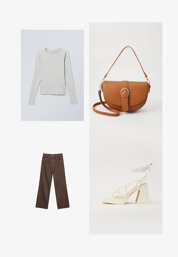 Svijetlosiva majica dugih rukava izrađena od mekane tkanine, s okruglim izrezom, standardnog kroja i minimalne teksture. Bez vidljivih uzoraka ili detalja.; Proširene smeđe traperice od denima, s visokim strukom, prednjim džepovima i klasičnom kopčom na dugme. Glatka tekstura s suptilnim šavovima.; Bijela sandala na visokoj potpetici s debelim petom, s remenom i vezanjem oko gležnja. Glatka tekstura s platformom sprijeda za dodatnu visinu.; Smeđa kožna torba preko tijela s zakrivljenim oblikom, zlatnim metalnim detaljima i naglaskom na kopču. Ima odvojivu naramenicu.